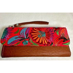 Colorful Embroidered Floral Tri-Fold Women's Wallet / Wristlet - NWOT - 4" X 9"